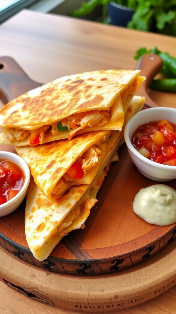 Golden chicken quesadilla wedges on a wooden board with salsa and guacamole.